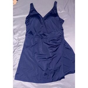 D & Co. Swim Navy Blue One Piece Swimdress Skirted Slimming Swimsuit, Size 14